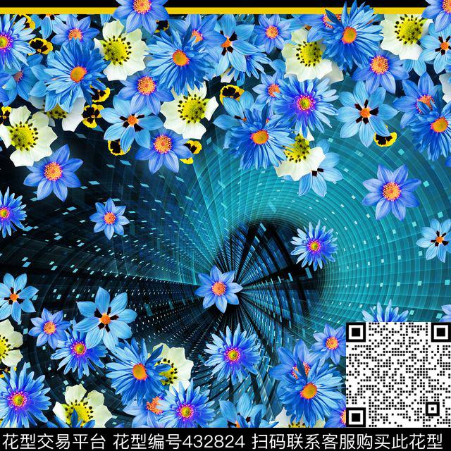 菊花小邹菊蓝花数码印花花型下载（图片编号: 432824） - 瓦栏（Walan）