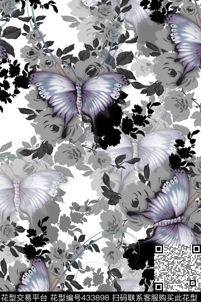 水墨蝴蝶花传统印花花型下载（图片编号: 433898） - 瓦栏（Walan）
