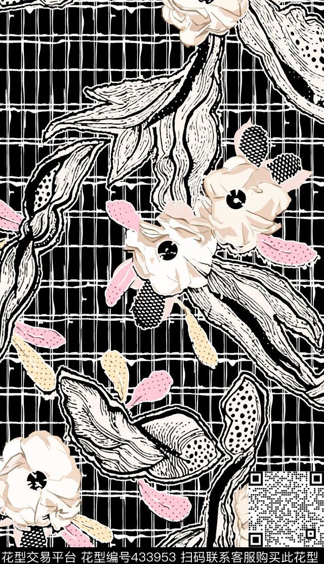 大花卉折纸几何条格手绘线描清新现代传统印花花型下载（图片编号: 433953） - 瓦栏（Walan）