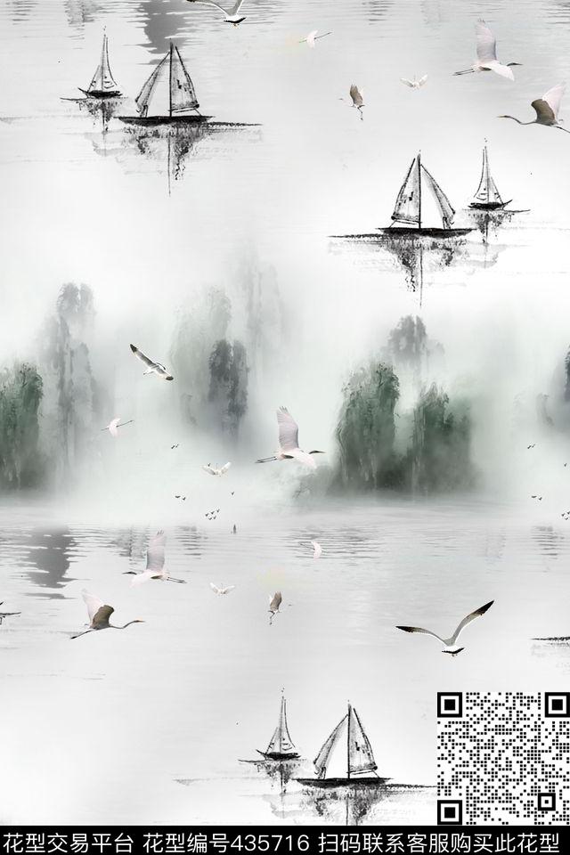 中国风水墨画海鸟数码印花花型下载（图片编号: 435716） - 瓦栏（Walan）