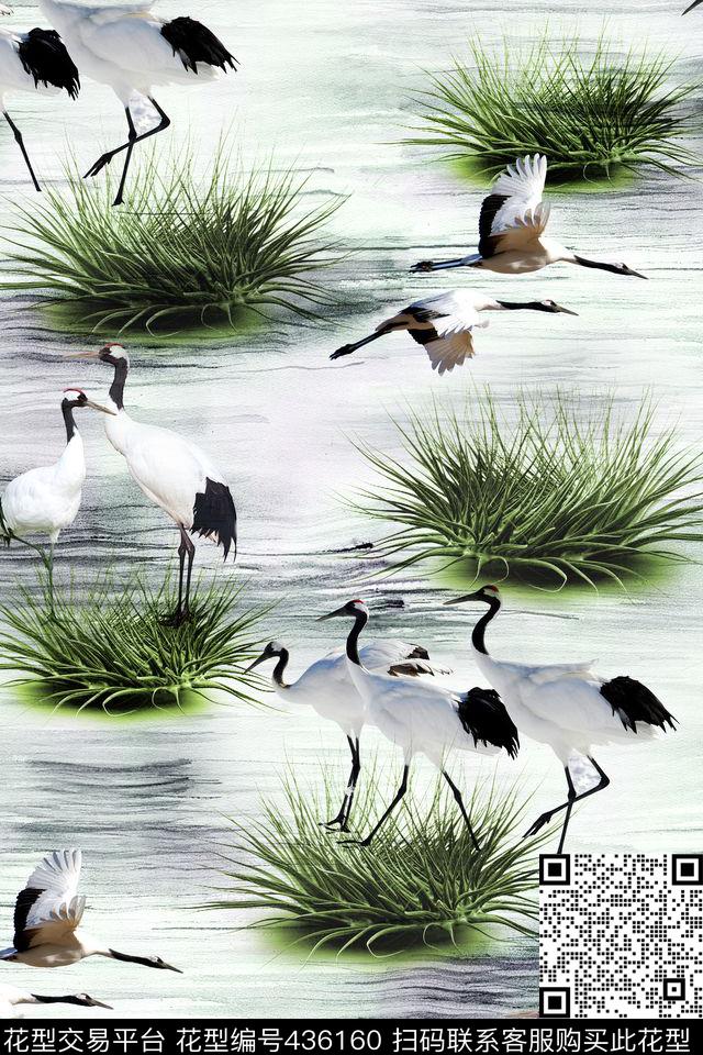 中国风白鹤水草数码印花花型下载（图片编号: 436160） - 瓦栏（Walan）