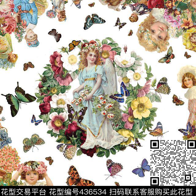 欧式复古天使数码印花花型下载（图片编号: 436534） - 瓦栏（Walan）