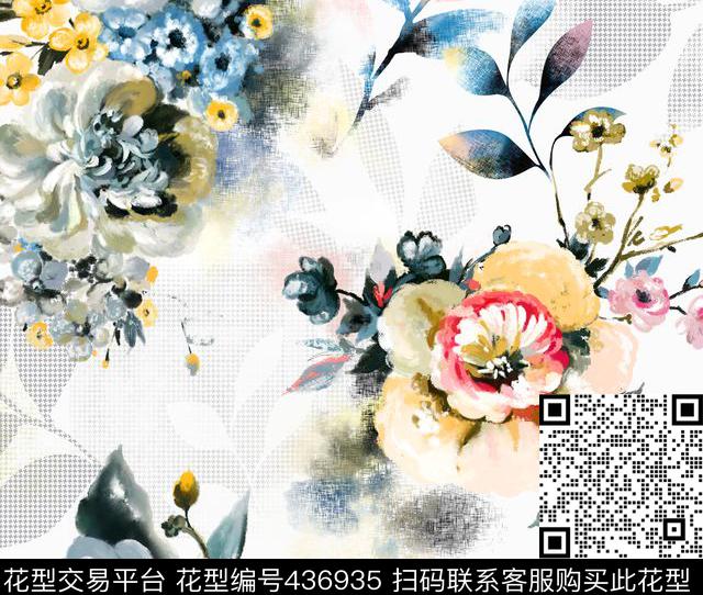 纯手绘花卉结合肌理剪影时尚花卉四方连续 - 436935 - 花卉 手绘 时尚花卉 - 传统印花花型 － 其他花型设计 － 瓦栏