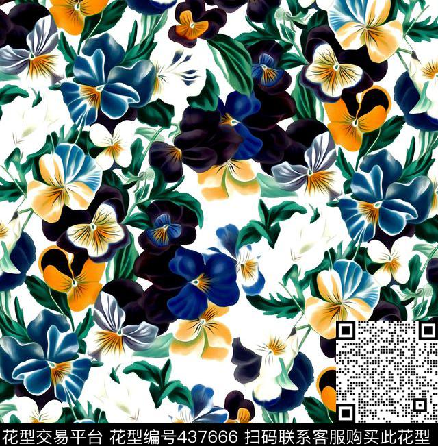 花卉复古三色堇数码印花花型下载（图片编号: 437666） - 瓦栏（Walan）