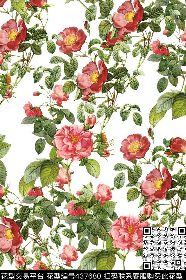 玫瑰清爽手绘数码印花花型下载（图片编号: 437680） - 瓦栏（Walan）