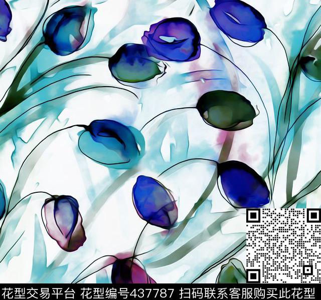 手绘花卉郁金香数码印花花型下载（图片编号: 437787） - 瓦栏（Walan）