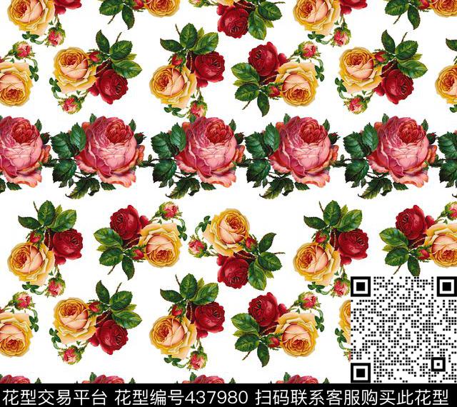 经典横排玫瑰数码印花花型下载（图片编号: 437980） - 瓦栏（Walan）