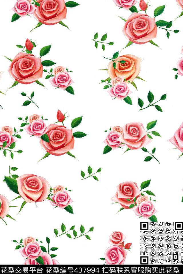 简单玫瑰花卉传统印花花型下载（图片编号: 437994） - 瓦栏（Walan）