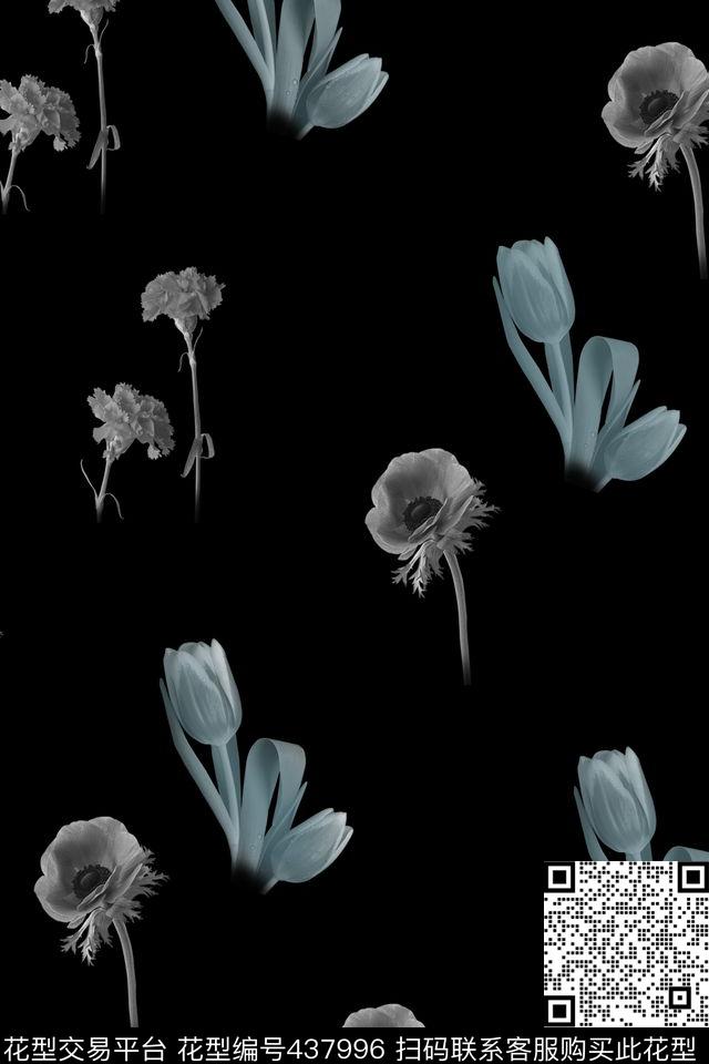 白黑风格植物特写数码印花花型下载（图片编号: 437996） - 瓦栏（Walan）