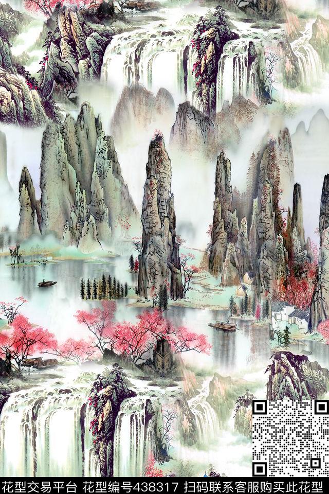 山水画风景画山水风景数码印花花型下载（图片编号: 438317） - 瓦栏（Walan）