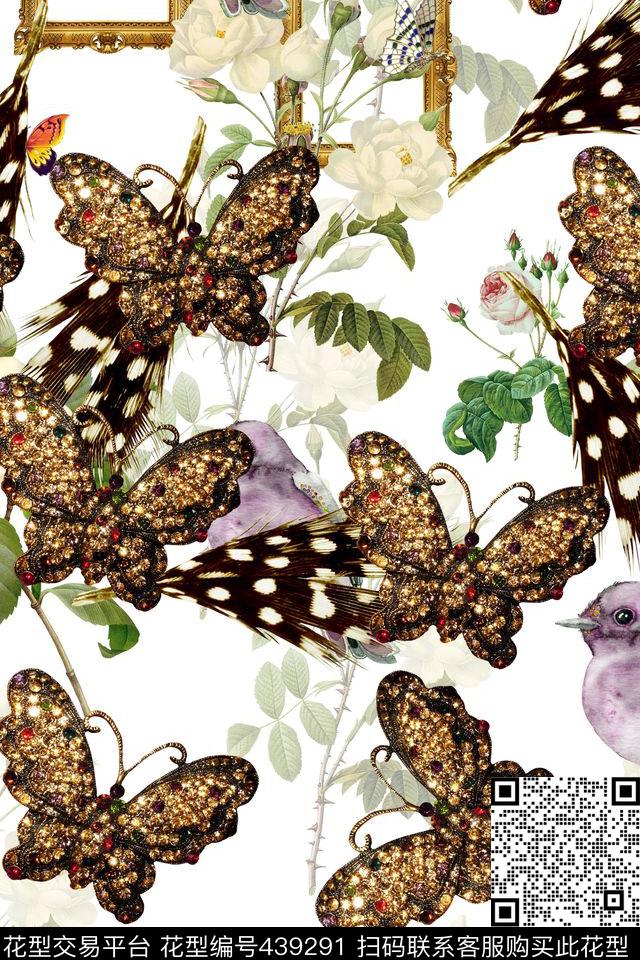 宝石蝴蝶花鸟数码印花花型下载（图片编号: 439291） - 瓦栏（Walan）