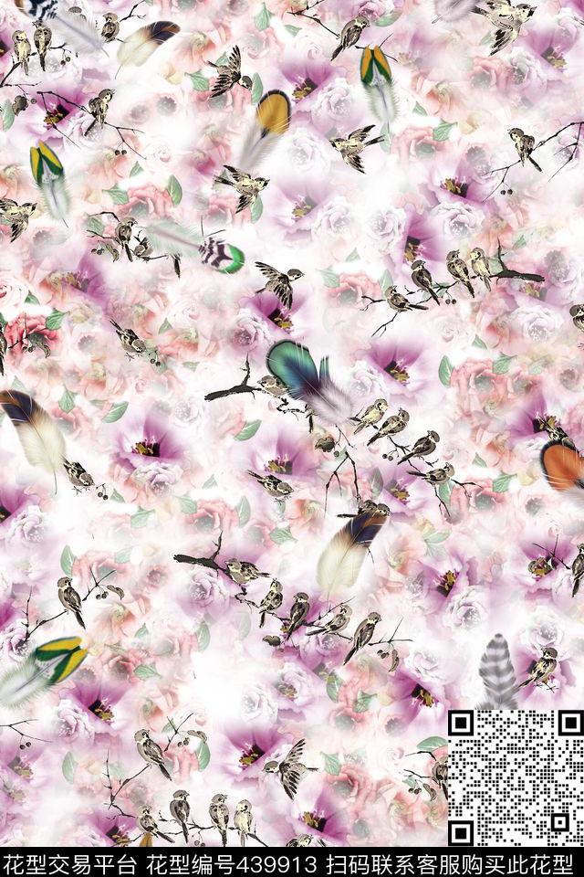 彩色羽毛花小鸟数码印花花型下载（图片编号: 439913） - 瓦栏（Walan）