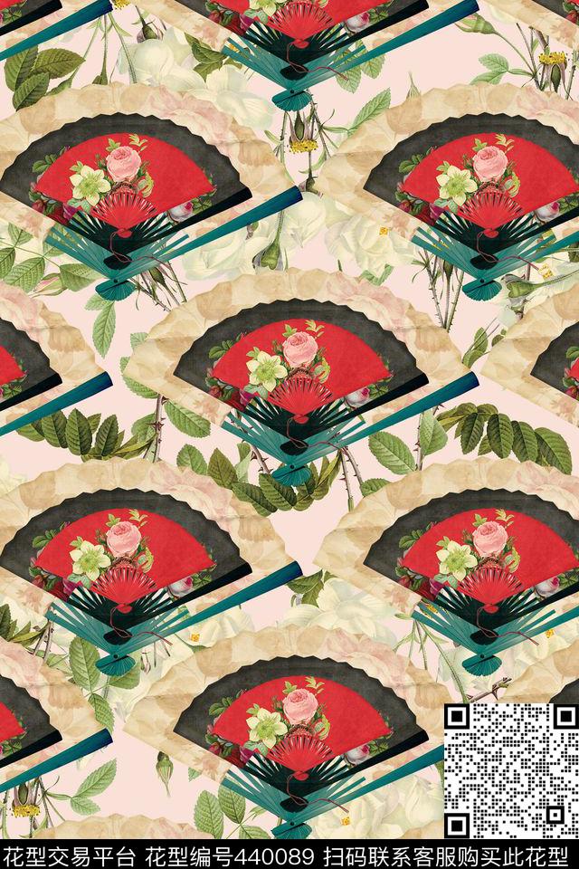 中国风扇子纸扇花卉数码印花花型下载（图片编号: 440089） - 瓦栏（Walan）