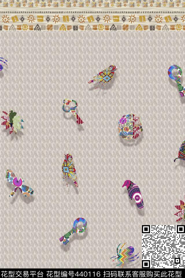 麻纹底动物花钥匙数码印花花型下载（图片编号: 440116） - 瓦栏（Walan）
