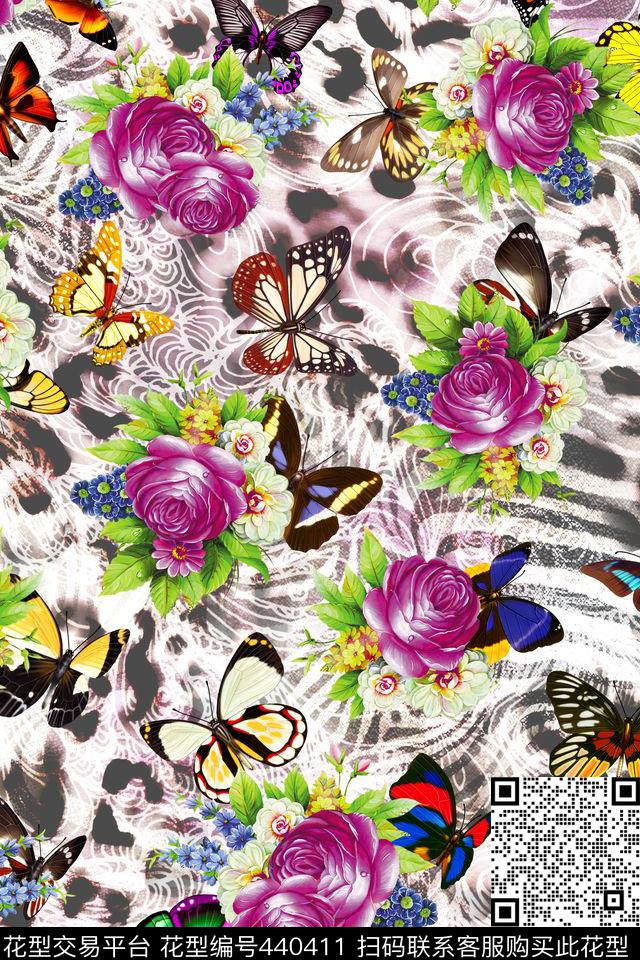 豹纹蝴蝶紫花数码印花花型下载（图片编号: 440411） - 瓦栏（Walan）