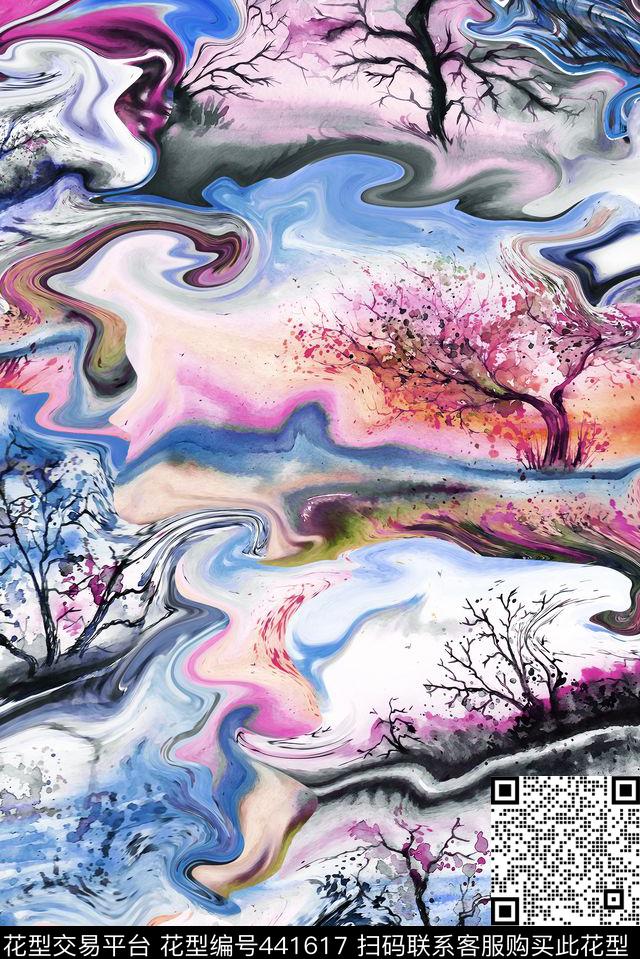 空间流动手绘数码印花花型下载（图片编号: 441617） - 瓦栏（Walan）