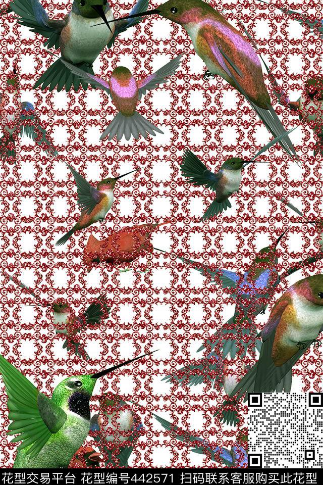 宝石花纹鸟数码印花花型下载（图片编号: 442571） - 瓦栏（Walan）