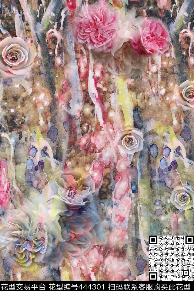 油画底纹玫瑰花牡丹花数码印花花型下载（图片编号: 444301） - 瓦栏（Walan）