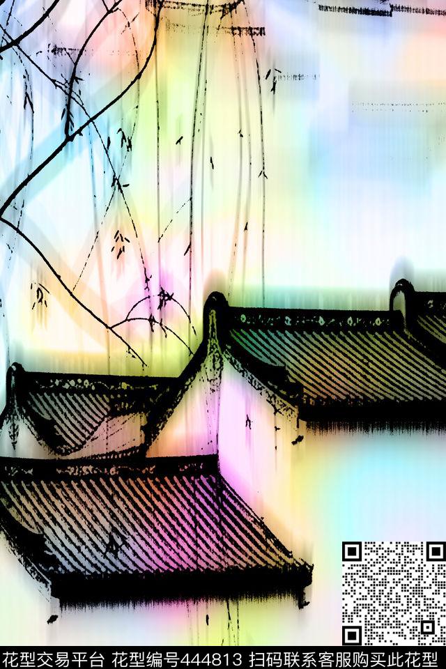 江南柳树中式建筑数码印花花型下载（图片编号: 444813） - 瓦栏（Walan）