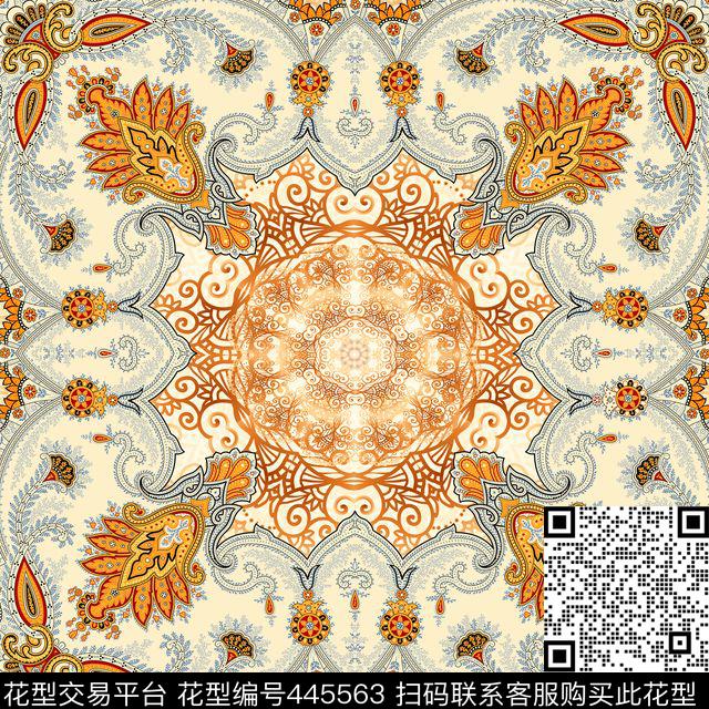 橘色腰果花底纹围巾传统印花花型下载（图片编号: 445563） - 瓦栏（Walan）