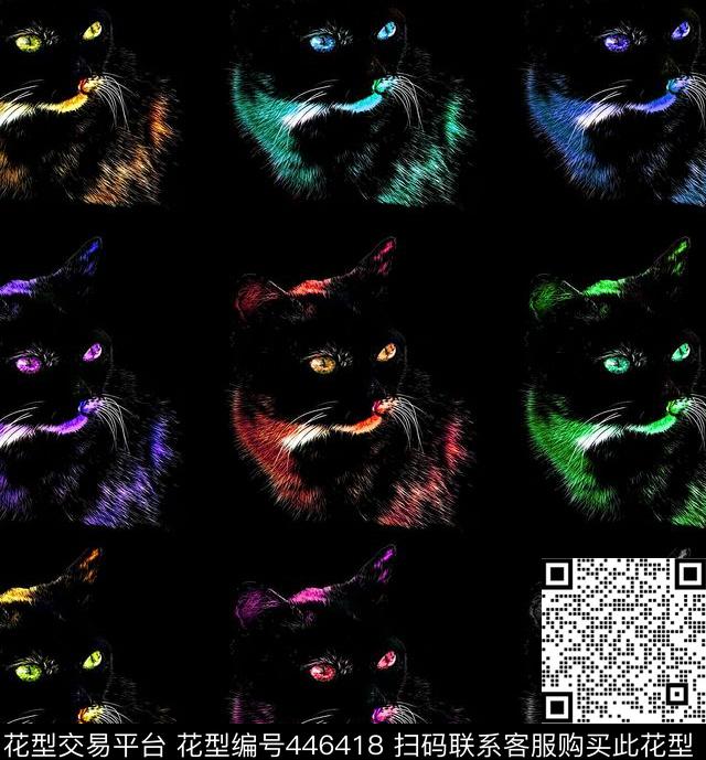 波普黑暗猫咪数码印花花型下载（图片编号: 446418） - 瓦栏（Walan）