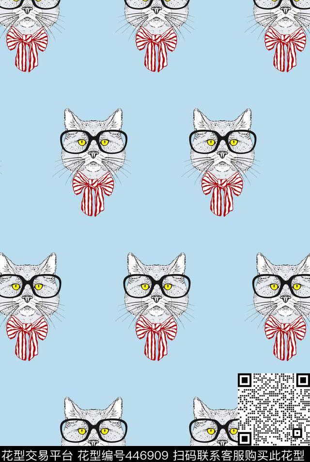 传统印花猫咪蝴蝶结卡通传统印花花型下载（图片编号: 446909） - 瓦栏（Walan）