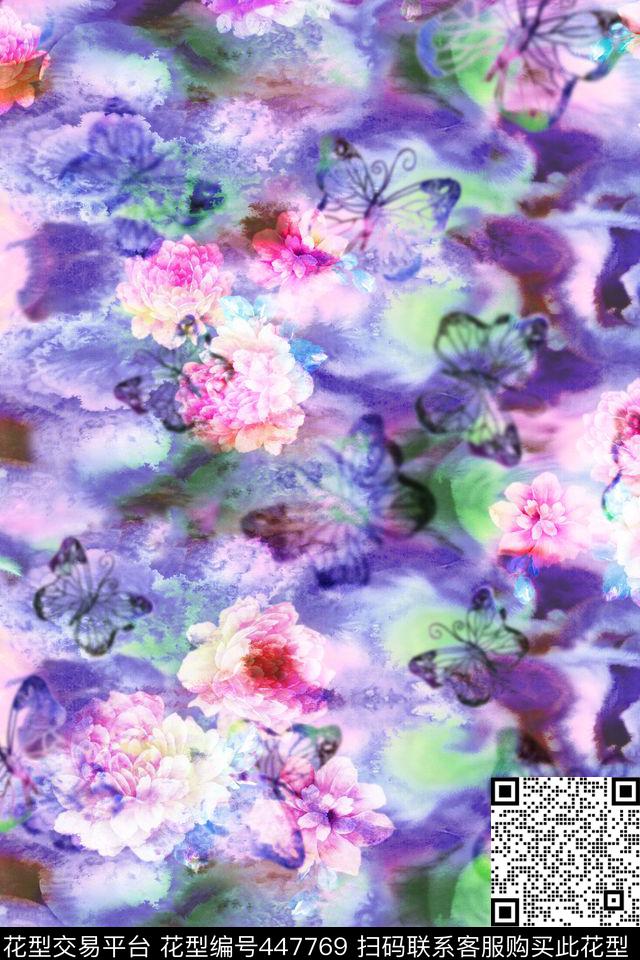 油墨画紫色蝴蝶底纹牡丹花数码印花花型下载（图片编号: 447769） - 瓦栏（Walan）