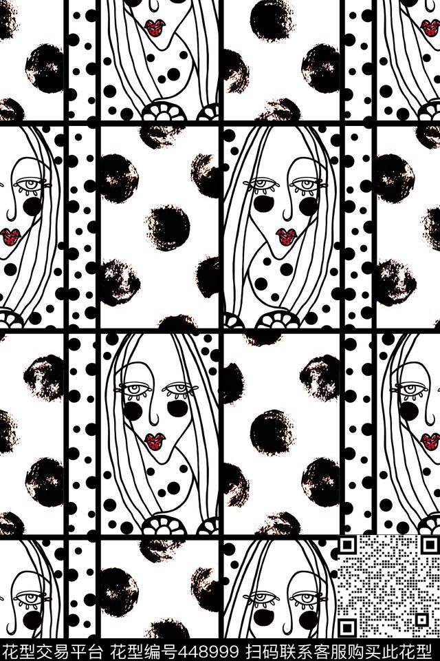 黑白波点格仔女人数码印花花型下载（图片编号: 448999） - 瓦栏（Walan）