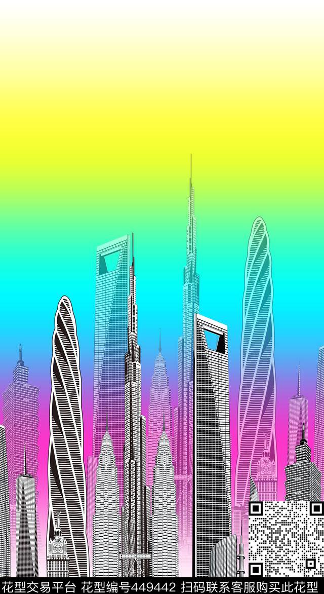 世界顶尖高楼数码印花花型下载（图片编号: 449442） - 瓦栏（Walan）