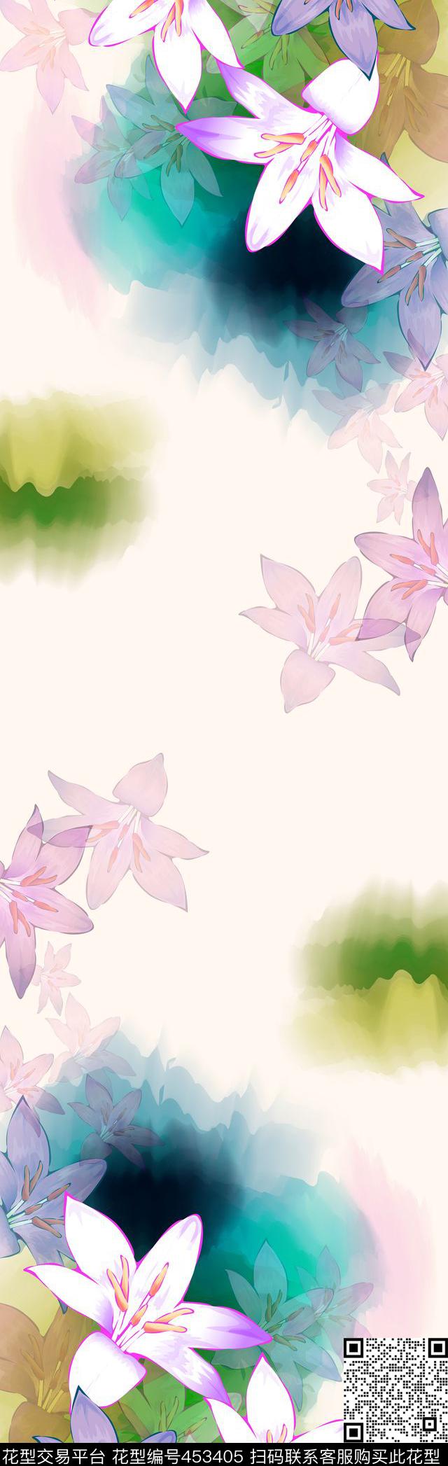 彩墨百合花 - 453405 - 百合花 彩墨 中国风 - 传统印花花型 － 长巾花型设计 － 瓦栏