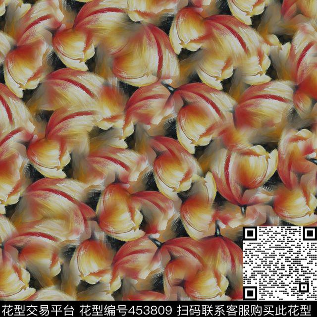 黑底满铺郁金香数码印花花型下载（图片编号: 453809） - 瓦栏（Walan）
