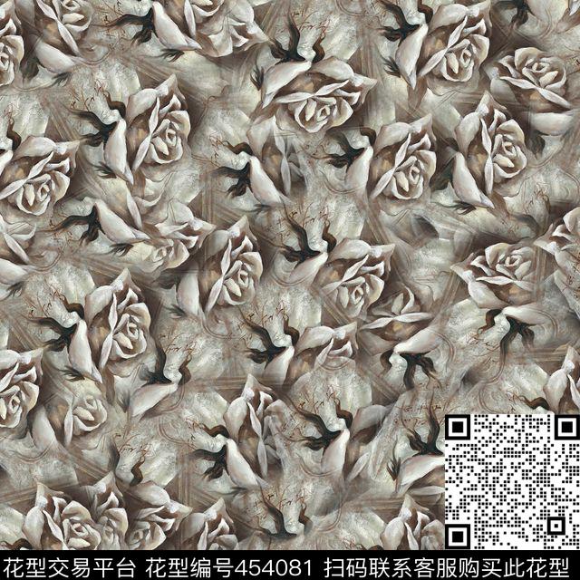 手绘玫瑰白玫瑰数码印花花型下载（图片编号: 454081） - 瓦栏（Walan）