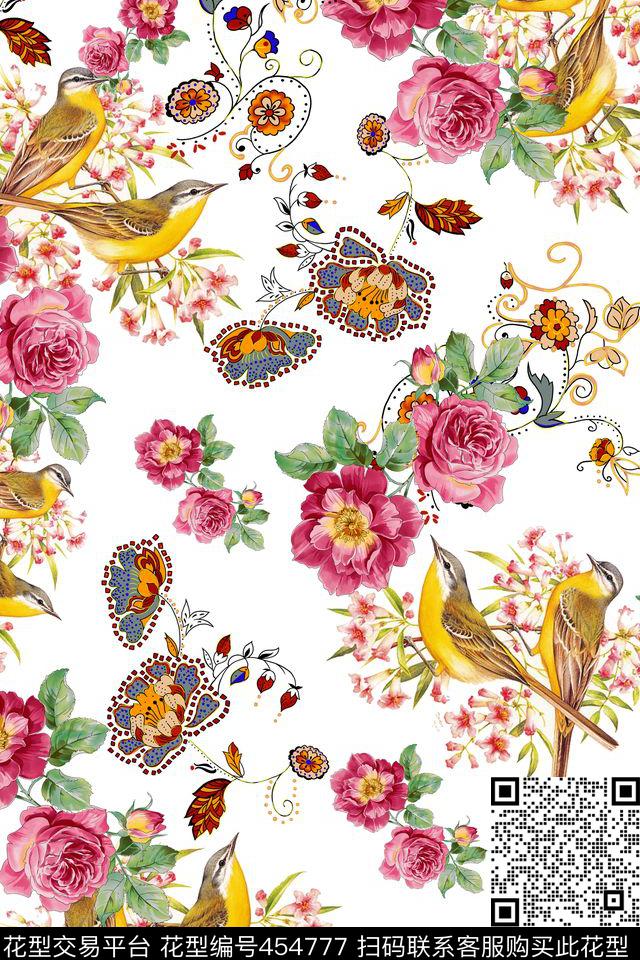 花卉散花小鸟数码印花花型下载（图片编号: 454777） - 瓦栏（Walan）