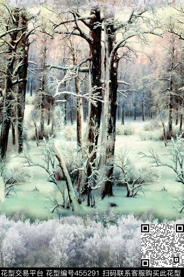 雪景树林冬季树林数码印花花型下载（图片编号: 455291） - 瓦栏（Walan）