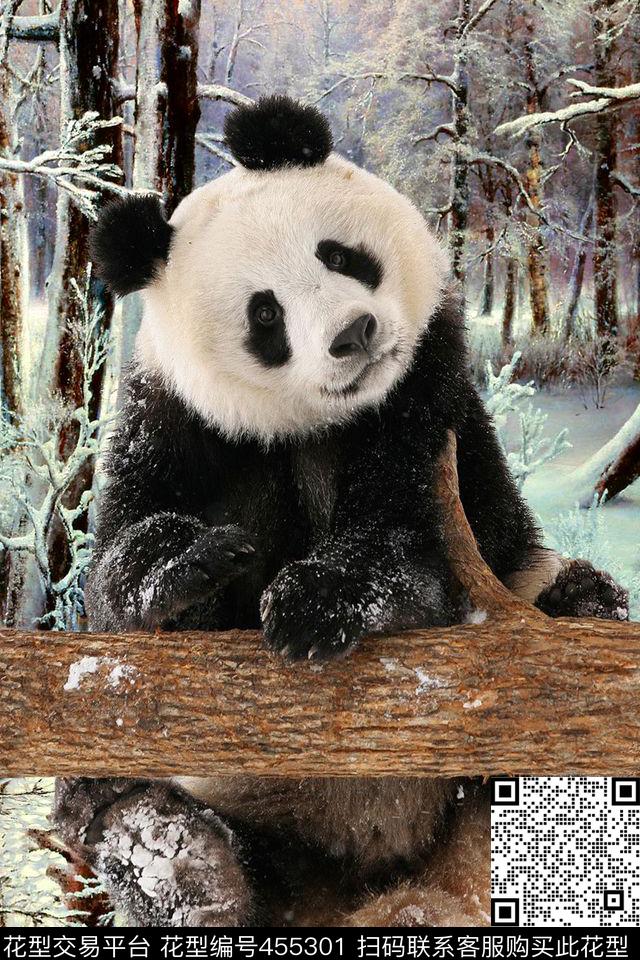 雪景熊猫冬季树林数码印花花型下载（图片编号: 455301） - 瓦栏（Walan）