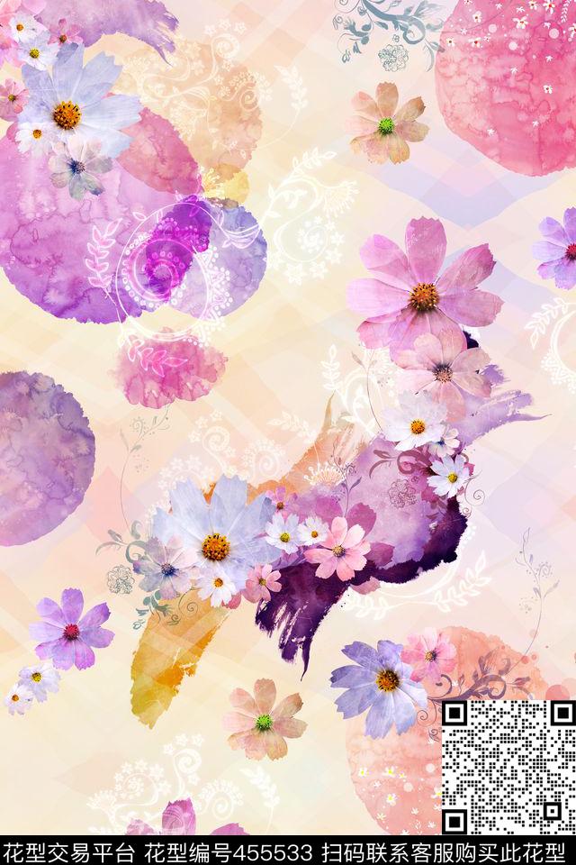 方格底纹花卉墨迹花数码印花花型下载（图片编号: 455533） - 瓦栏（Walan）