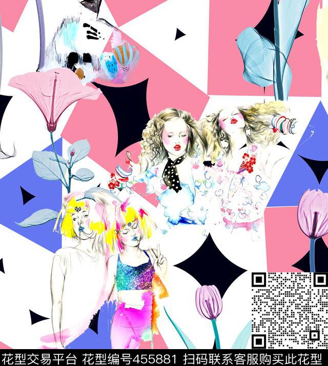 波普时尚潮流流行插画女性时装画服装设计画几何线描画铅笔画射线花叠加冲突数码印花花型下载（图片编号: 455881） - 瓦栏（Walan）