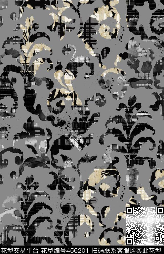 《墨格》中国风 抽象水墨 几何格子与欧式卷草的混搭风格 写意时尚 艺术个性 时尚黑白灰色调 - 456201 - 抽象 服装图案 格子 - 数码印花花型 － 女装花型设计 － 瓦栏