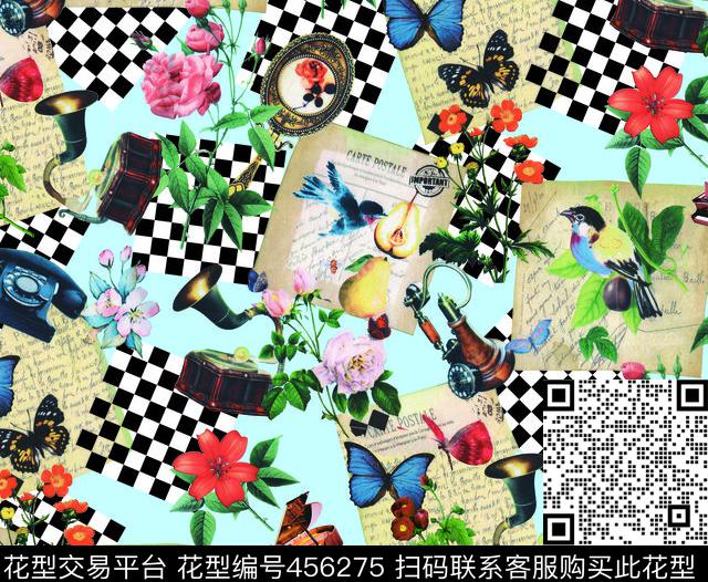 欧式宫廷风格子花卉古典乐器数码印花花型下载（图片编号: 456275） - 瓦栏（Walan）