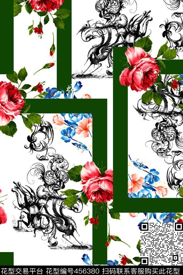 花卉几何散花数码印花花型下载（图片编号: 456380） - 瓦栏（Walan）