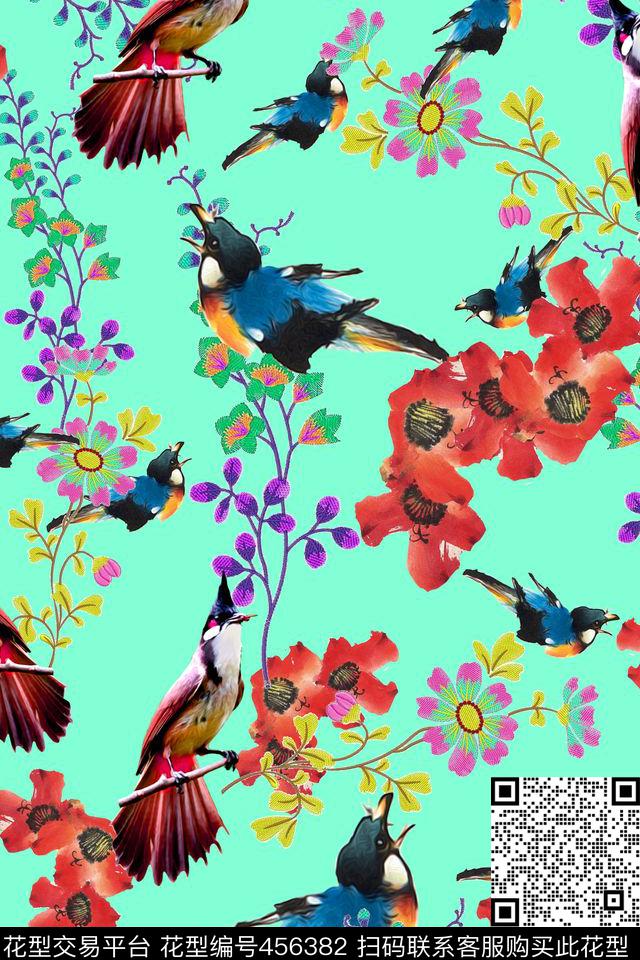 花卉散花小鸟数码印花花型下载（图片编号: 456382） - 瓦栏（Walan）