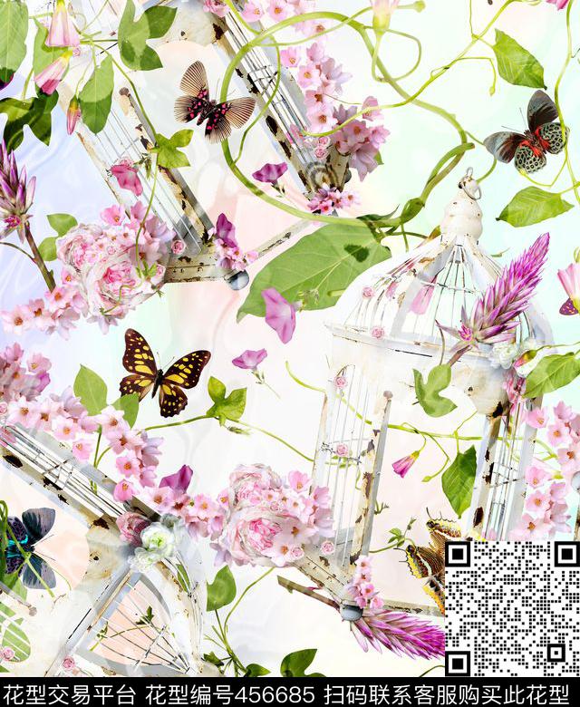 喇叭牵牛花折枝数码印花花型下载（图片编号: 456685） - 瓦栏（Walan）