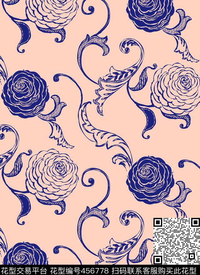 《玫瑰&玫瑰》玫瑰花卉图案 线条纹样 流行时尚 个性简约 剪影风格 服装/家纺/丝巾 - 456778 - 简约 花卉 玫瑰花 - 传统印花花型 － 女装花型设计 － 瓦栏
