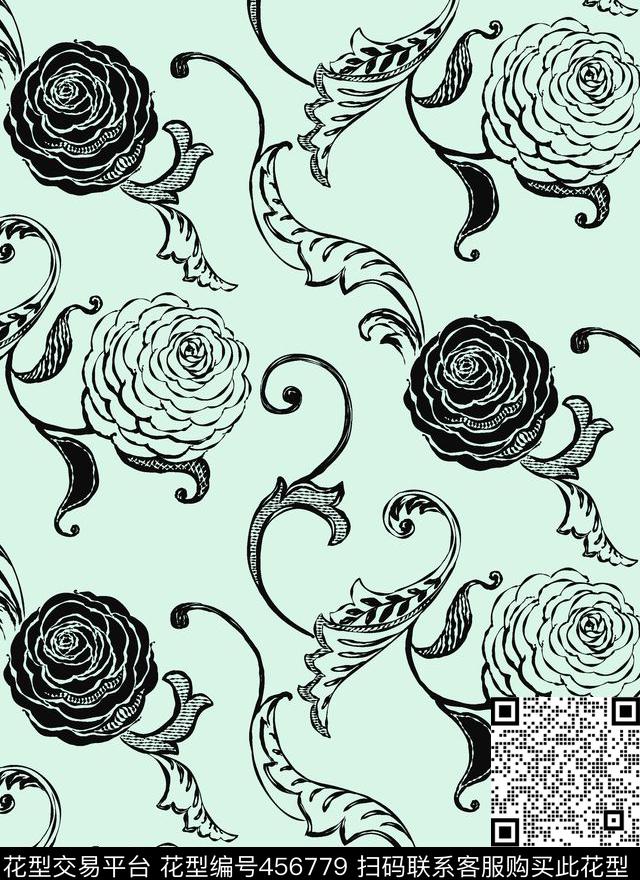 《玫瑰&玫瑰》玫瑰花卉图案 线条纹样 流行时尚 个性简约 剪影风格 服装/家纺/丝巾 - 456779 - 简约 花卉 玫瑰花 - 传统印花花型 － 女装花型设计 － 瓦栏