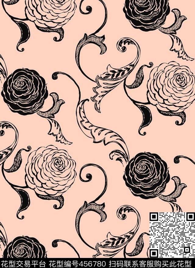 《玫瑰&玫瑰》玫瑰花卉图案 线条纹样 流行时尚 个性简约 剪影风格 服装/家纺/丝巾 - 456780 - 简约 花卉 玫瑰花 - 传统印花花型 － 女装花型设计 － 瓦栏