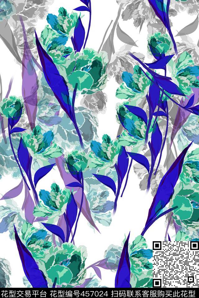 水墨绿叶花卉数码印花花型下载（图片编号: 457024） - 瓦栏（Walan）