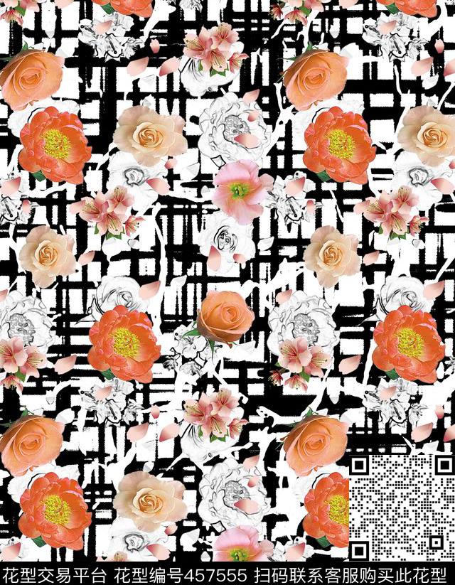 笔触复古花卉数码印花花型下载（图片编号: 457555） - 瓦栏（Walan）