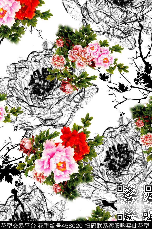 水墨牡丹手绘数码印花花型下载（图片编号: 458020） - 瓦栏（Walan）