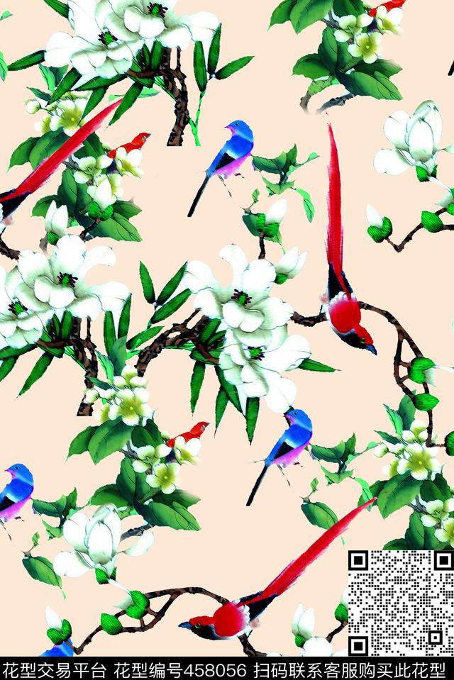中国风水墨花鸟工笔国画传统印花花型下载（图片编号: 458056） - 瓦栏（Walan）