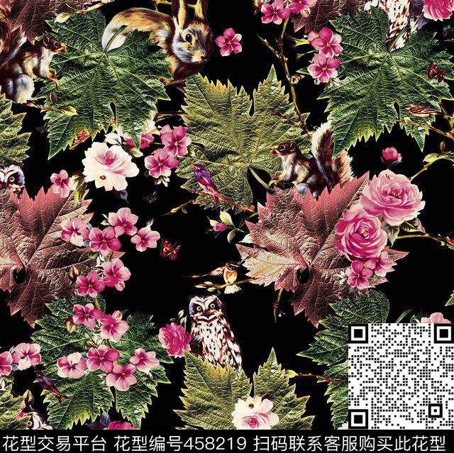 松鼠花卉树叶数码印花花型下载（图片编号: 458219） - 瓦栏（Walan）
